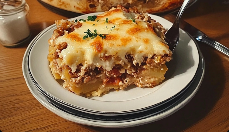 Sliced portion of comforting beef and cheese pasta casserole, served with a side salad