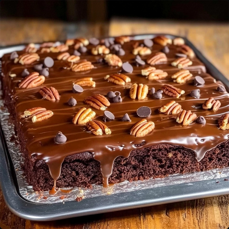 Decadent Texas Turtle Sheet Cake topped with chocolate frosting, pecans, chocolate chips, and caramel drizzle