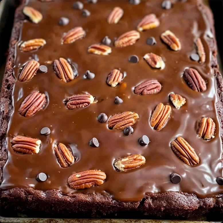 Decadent Texas Turtle Sheet Cake topped with chocolate frosting, pecans, chocolate chips, and caramel drizzle