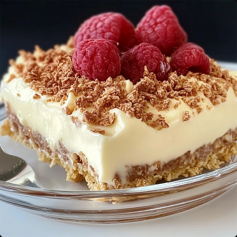 Easy no-bake dessert layered with whipped cream and crushed cookies in a glass dish