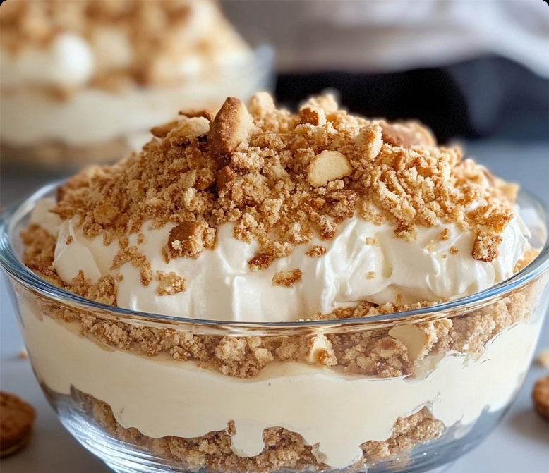 Easy no-bake dessert layered with whipped cream and crushed cookies in a glass dish