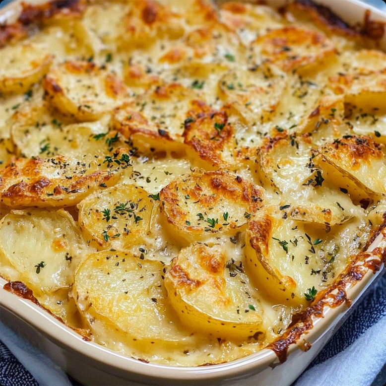 Creamy homemade scalloped potatoes with golden-brown top in a baking dish