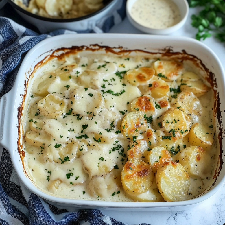 Creamy homemade scalloped potatoes with golden-brown top in a baking dish