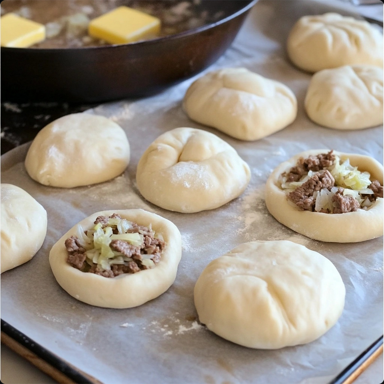 Frozen dough balls rising on a parchment-lined baking sheet for homemade Runzas