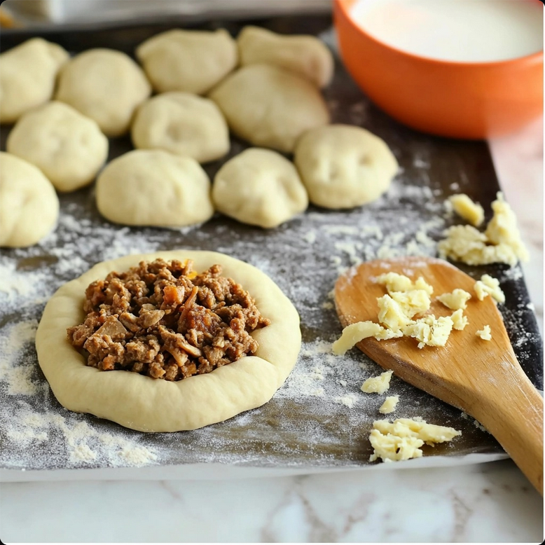 Freshly baked golden-brown Runzas cooling on a wire rac