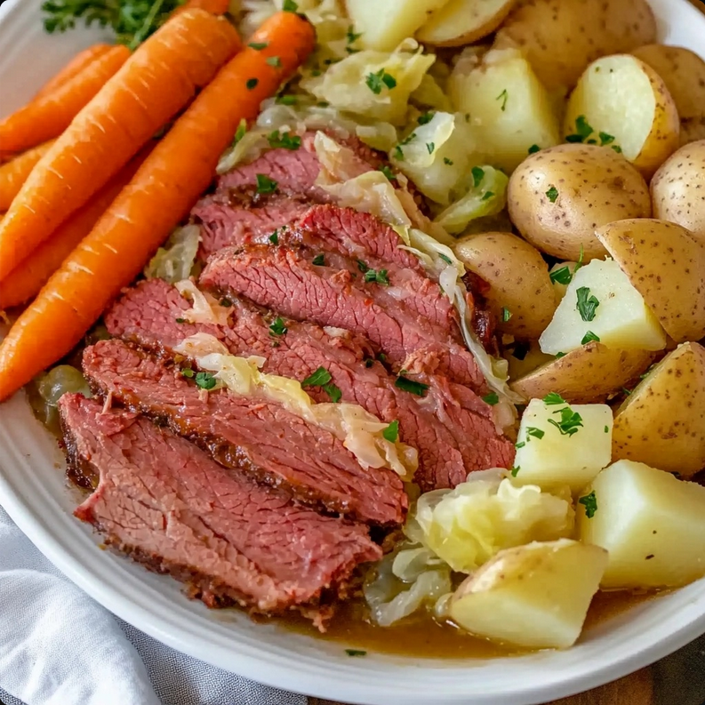 Slow cooker corned beef and cabbage served with potatoes and carrots on a white platter