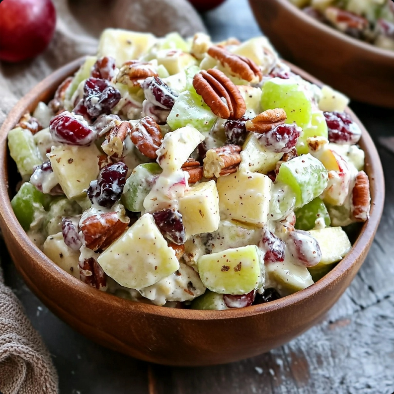 Refreshing apple salad with grapes, pecans, and dried cranberries in a creamy dressing