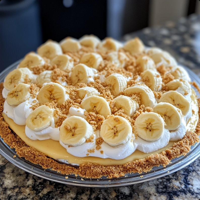 A homemade banana cream pie with graham cracker crust, topped with fresh bananas and whipped cream.