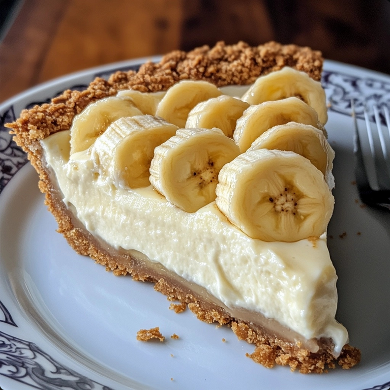 Sliced banana cream pie with creamy filling and golden graham cracker crust