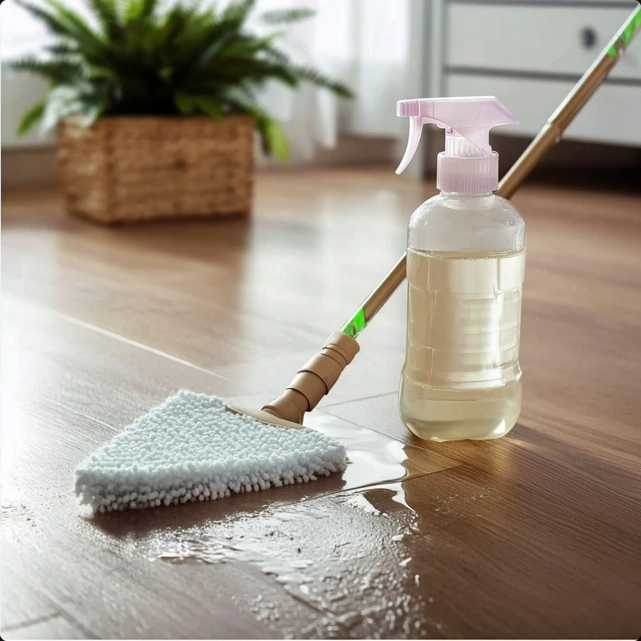 A spray bottle filled with homemade vinegar floor cleaner next to a mop on a clean, shiny wooden floor