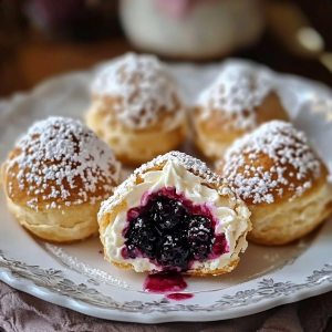 Golden, flaky pastry balls filled with cream and juicy berries, dusted with powdered sugar and ready to be served