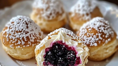 Golden, flaky pastry balls filled with cream and juicy berries, dusted with powdered sugar and ready to be served