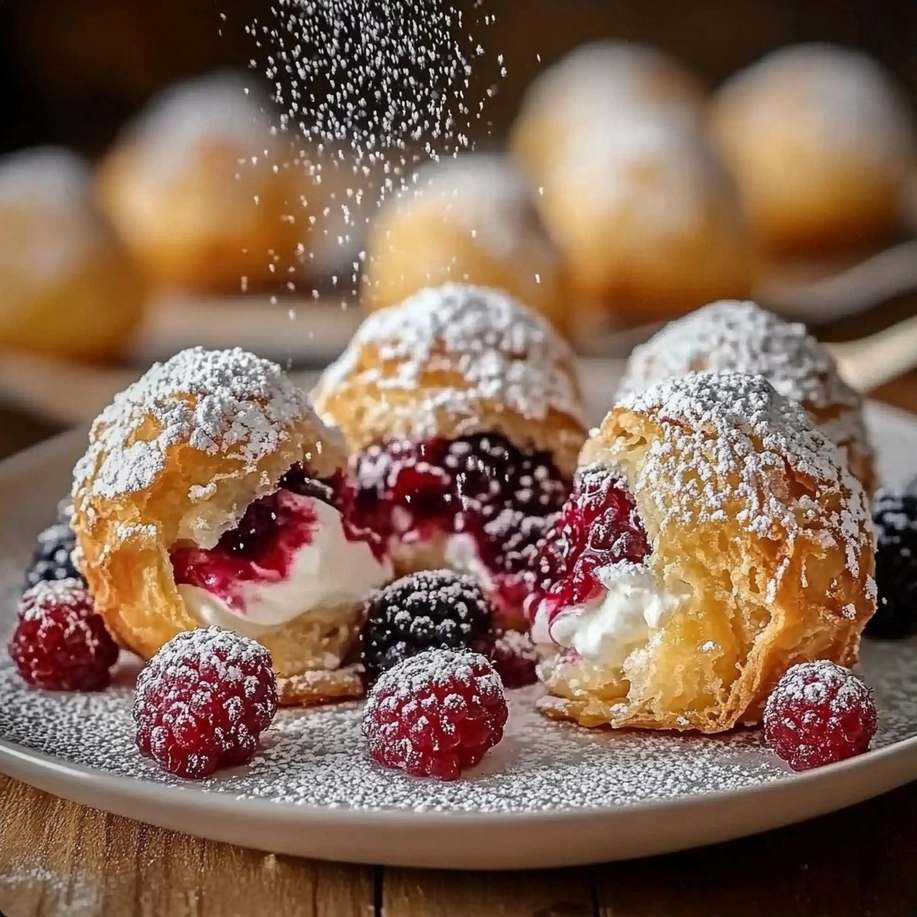 Golden, flaky pastry balls filled with cream and juicy berries, dusted with powdered sugar and ready to be served