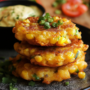 A plate of golden-brown corn fritters garnished with green onions and served with a side of sour cream