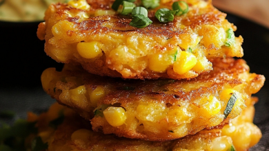 A plate of golden-brown corn fritters garnished with green onions and served with a side of sour cream