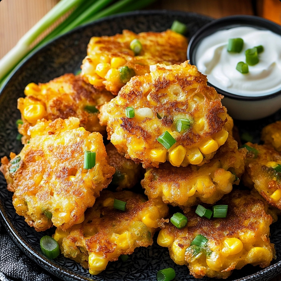 A plate of golden-brown corn fritters garnished with green onions and served with a side of sour cream