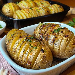 Baked potatoes golden and crispy on the outside, filled with garlic and herbs, served on a plate garnished with fresh parsley