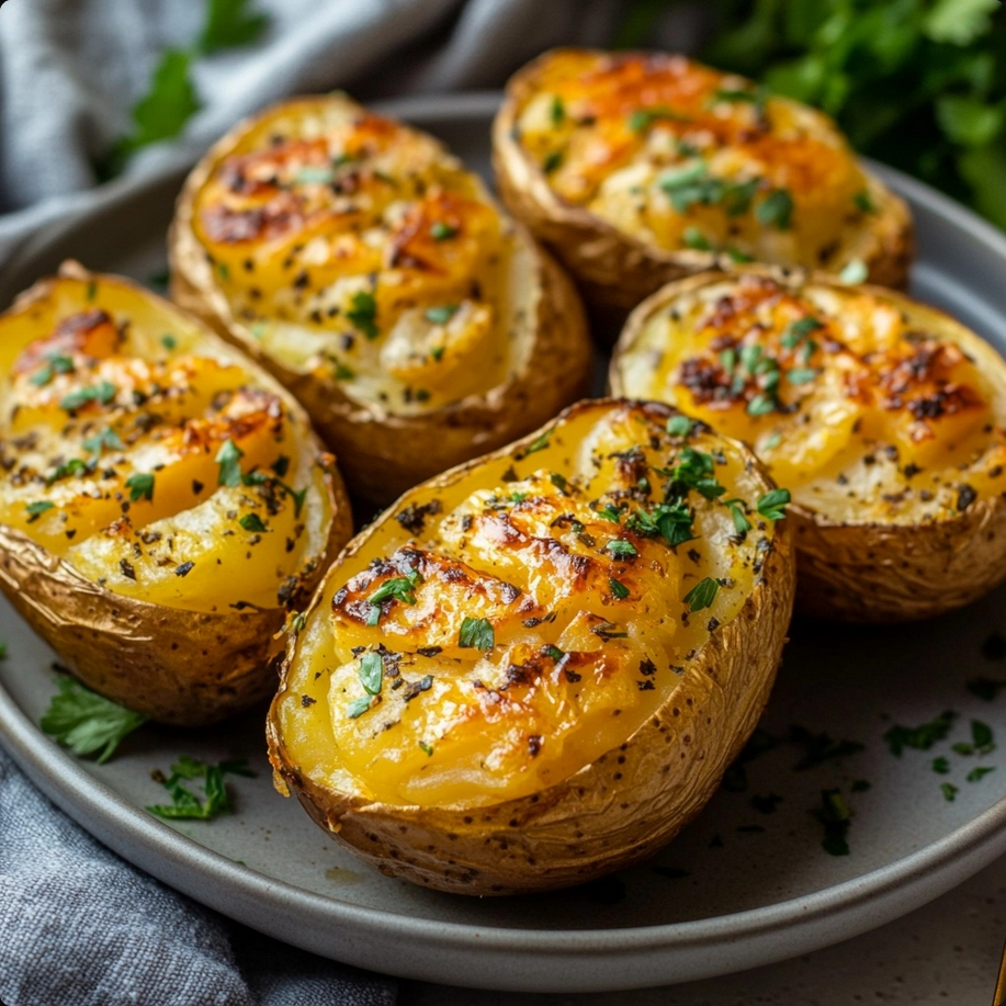 Baked potatoes golden and crispy on the outside, filled with garlic and herbs, served on a plate garnished with fresh parsley