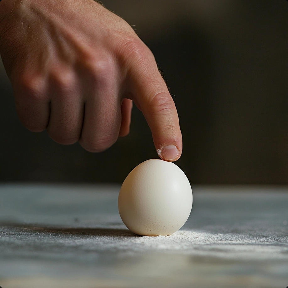 A hand demonstrating Jacques Pépin’s technique of poking a small hole in an egg before boiling