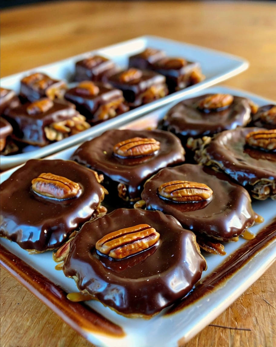 A plate of homemade turtle candy featuring pecan clusters, gooey caramel, and a smooth chocolate coating—perfect for gifting or snacking