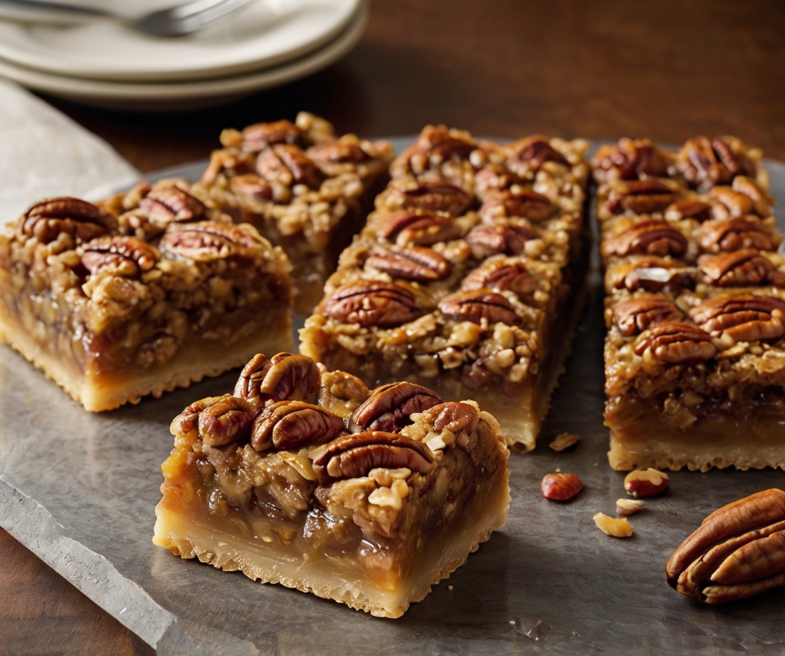 A tray of golden-brown pecan pie bars with a crisp crust, sliced and ready to serve