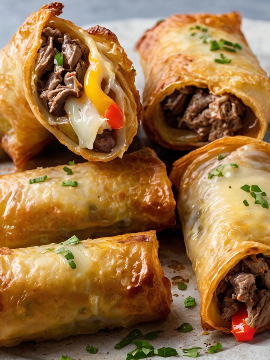 Crispy golden-brown Philly cheesesteak egg rolls filled with beef, onions, bell peppers, and melted cheese