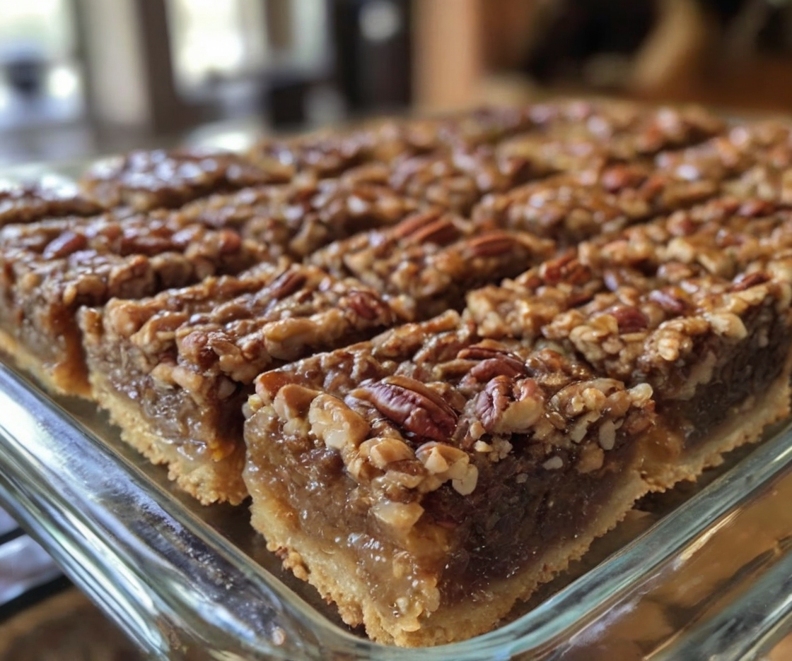 A tray of golden-brown pecan pie bars with a crisp crust, sliced and ready to serve