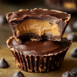 A beautifully crafted chocolate peanut butter cup cut open to reveal a rich, creamy center."