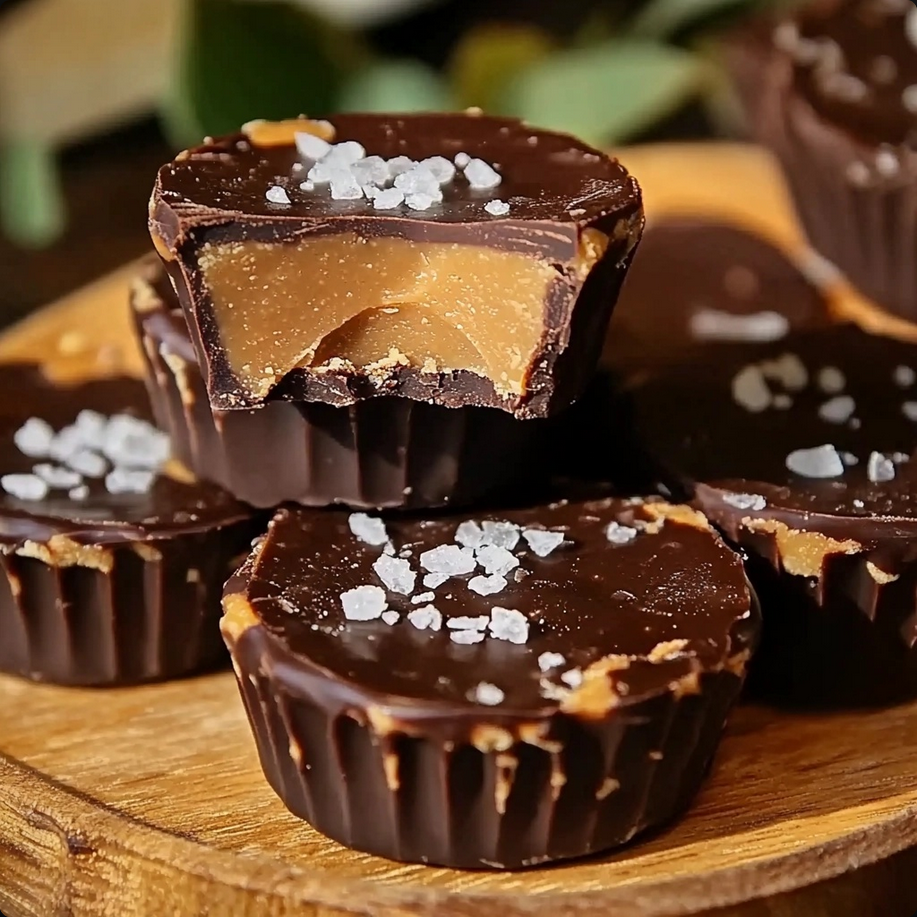 Freshly made gourmet chocolate peanut butter cups topped with sea salt, displayed elegantly on a wooden tray