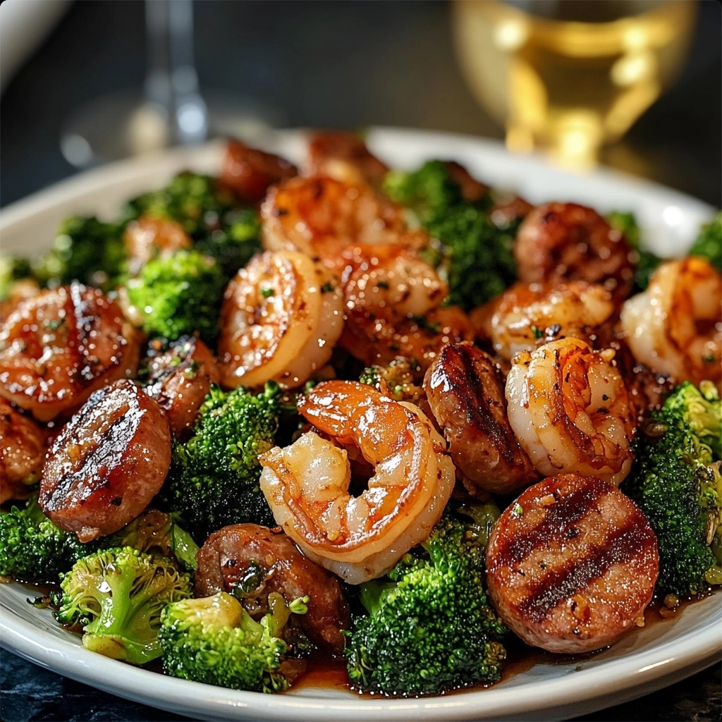 A mouthwatering plate of honey garlic shrimp, sausage, and broccoli served over rice, garnished with green onions