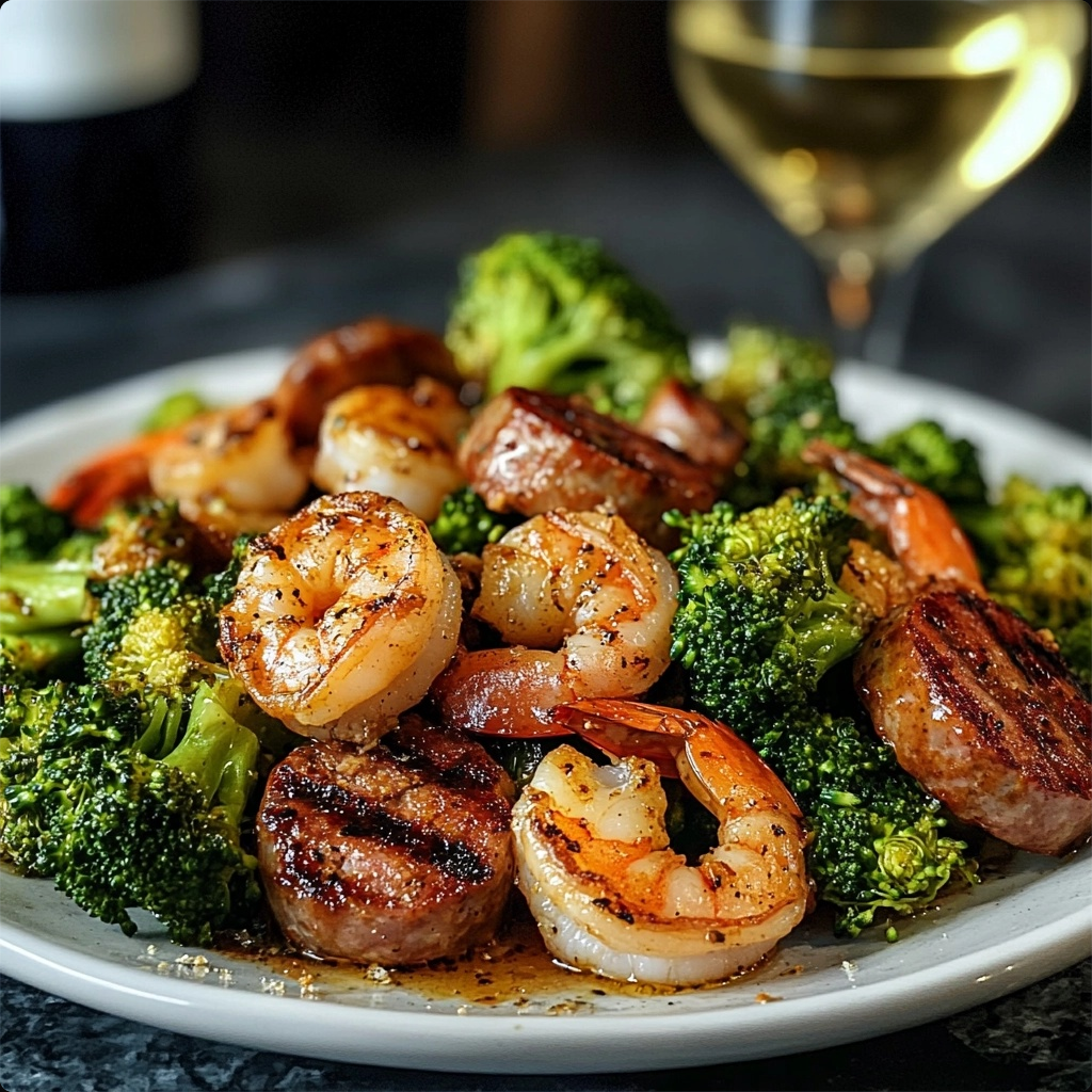 Close-up of honey garlic shrimp sizzling in a skillet alongside sausage and broccoli, coated in a glossy sauce