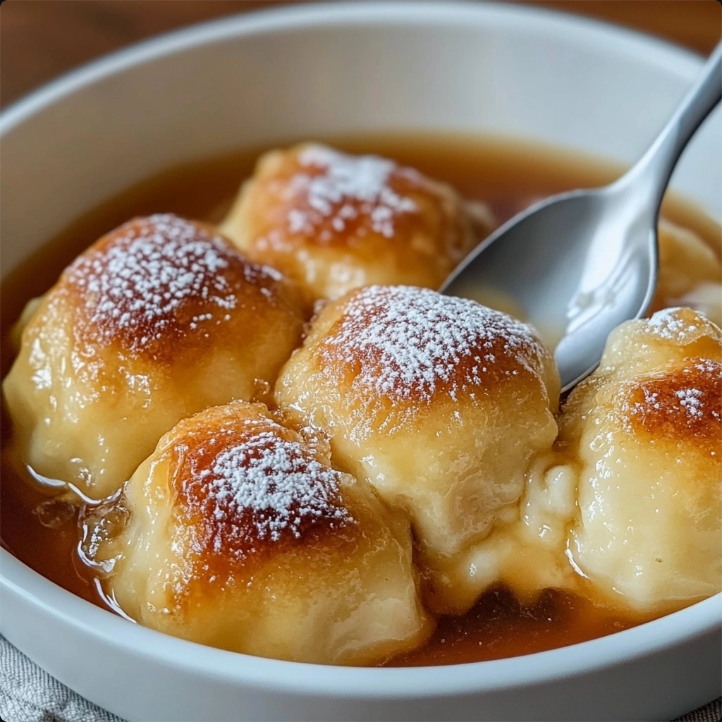 Golden brown apple dumplings drizzled with cinnamon syrup, served with a scoop of vanilla ice cream, offering a cozy and comforting dessert perfect for any occasion