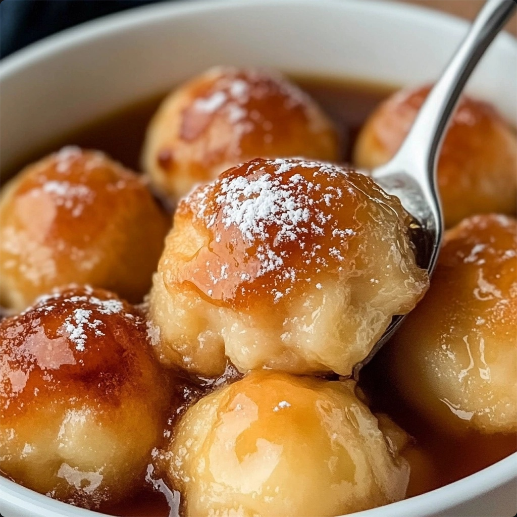 Golden brown apple dumplings drizzled with cinnamon syrup, served with a scoop of vanilla ice cream, offering a cozy and comforting dessert perfect for any occasion