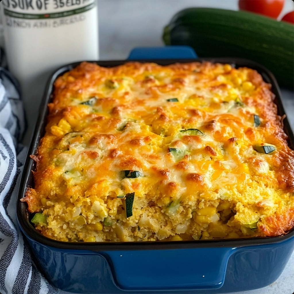 A golden-brown zucchini cornbread casserole, fresh out of the oven, filled with vibrant vegetables and topped with melted cheese