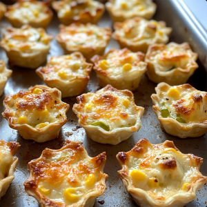 Golden brown Iowa Party Bites topped with melted cheese, corn, and chilies, fresh out of the oven, displayed on a baking sheet