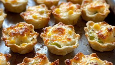 Golden brown Iowa Party Bites topped with melted cheese, corn, and chilies, fresh out of the oven, displayed on a baking sheet