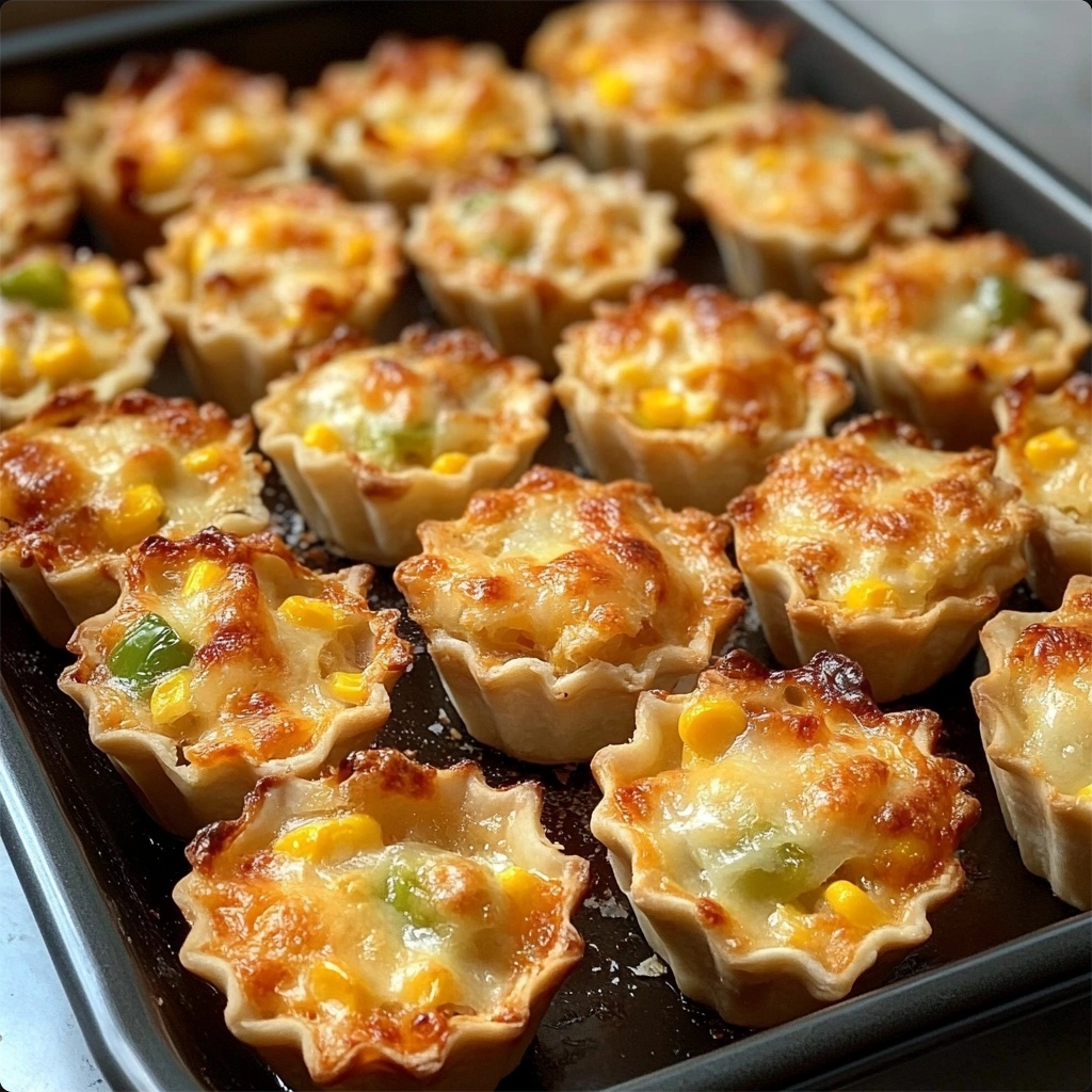 Golden brown Iowa Party Bites topped with melted cheese, corn, and chilies, fresh out of the oven, displayed on a baking sheet