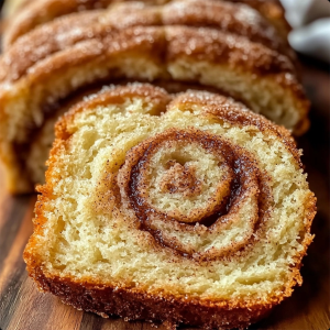 Freshly baked Amish Cinnamon Bread with a golden crust, topped with a swirl of cinnamon sugar, served on a rustic wooden board