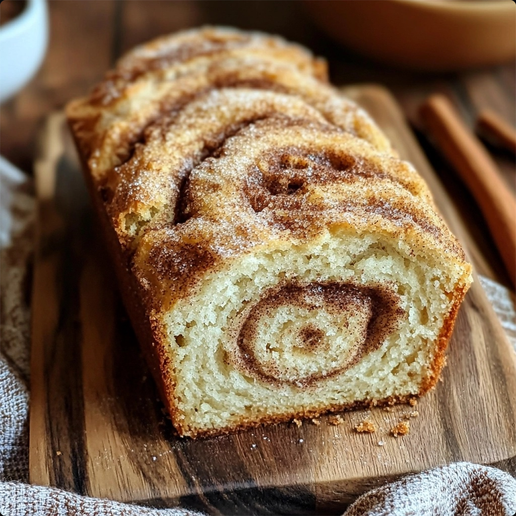 Freshly baked Amish Cinnamon Bread with a golden crust, topped with a swirl of cinnamon sugar, served on a rustic wooden board