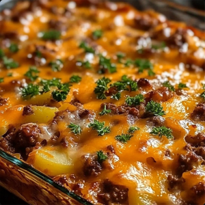 A golden-baked casserole with layers of cheesy potatoes and savory meatloaf, garnished with fresh parsley