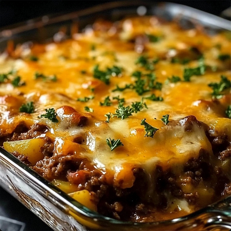 A golden-baked casserole with layers of cheesy potatoes and savory meatloaf, garnished with fresh parsley