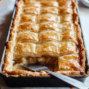 A large apple slab pie cooling on a rack, with a golden-brown crust and bubbling apple filling