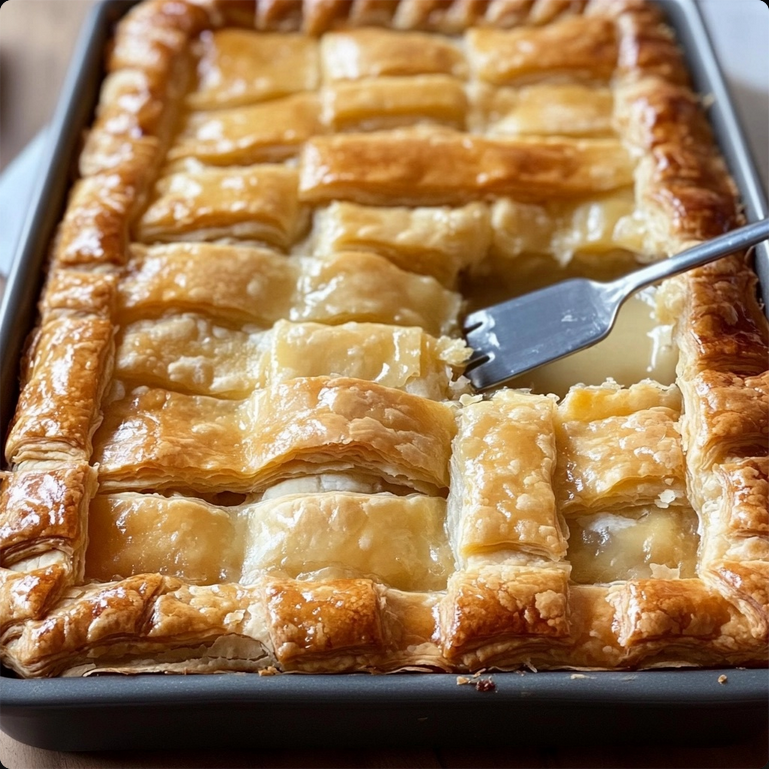 A large apple slab pie cooling on a rack, with a golden-brown crust and bubbling apple filling