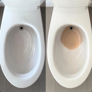 A combination of baking soda and white vinegar fizzing in a toilet bowl, showing the natural cleaning reaction that helps remove hard water stains.