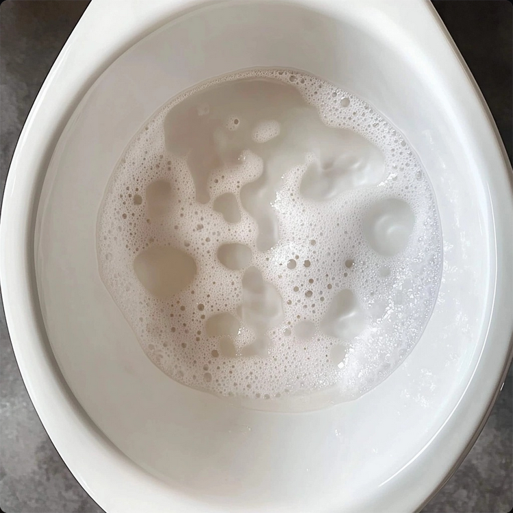 A combination of baking soda and white vinegar fizzing in a toilet bowl, showing the natural cleaning reaction that helps remove hard water stains.