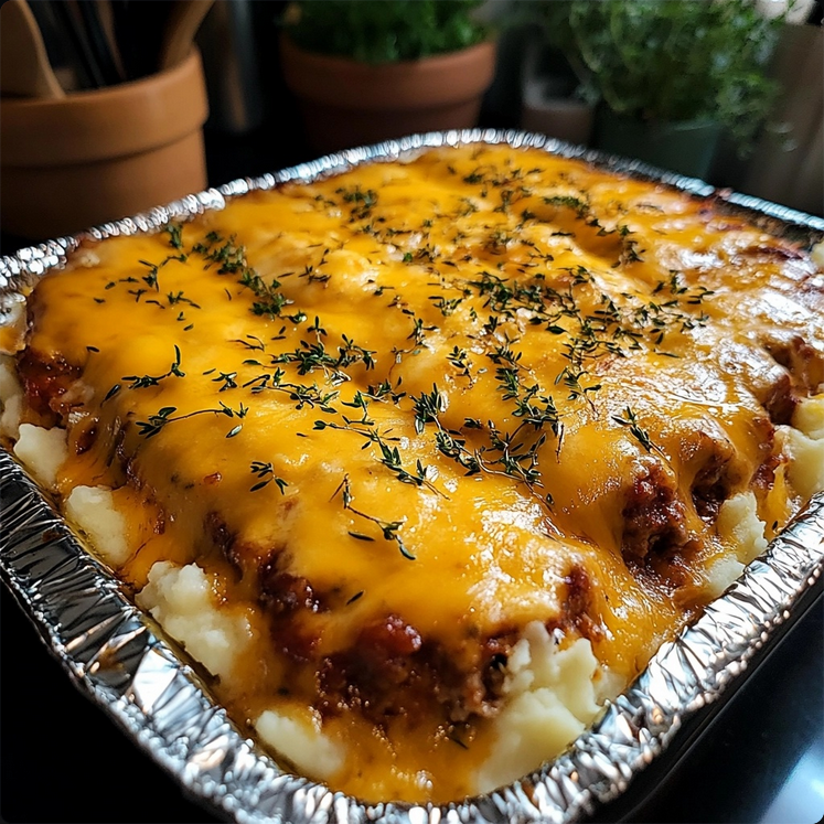 A healthy serving of meatloaf topped with creamy mashed potatoes and melted cheese, garnished with parsley, providing a nutritious meal