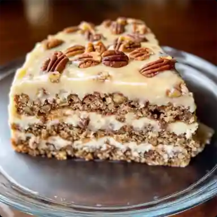 A slice of pecan praline cake, showcasing its rich layers, creamy frosting, and heart-healthy ingredients