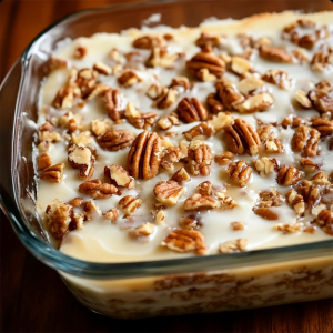 pecan praline cake, showcasing its rich layers, creamy frosting, and heart-healthy ingredients