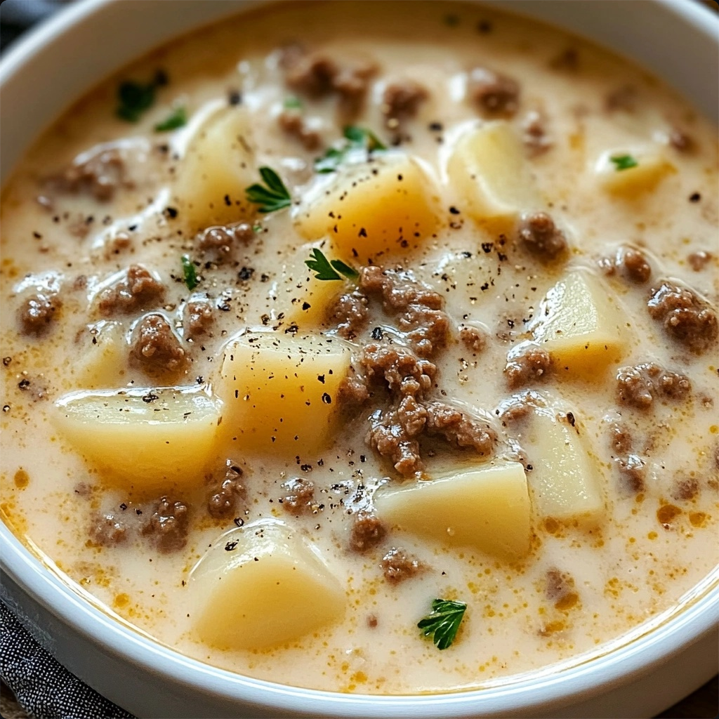 Close-up of creamy crockpot hamburger and potato soup with cheddar cheese and green onions on top