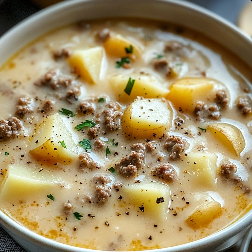 Close-up of creamy crockpot hamburger and potato soup with cheddar cheese and green onions on top